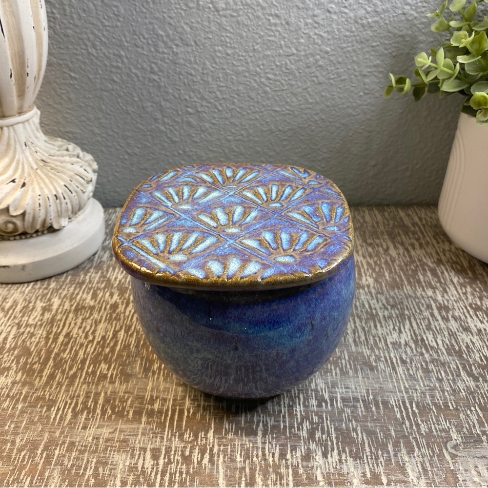 Iris Minc Purple Sage Pottery French Butter Crock Blue Hand Thrown